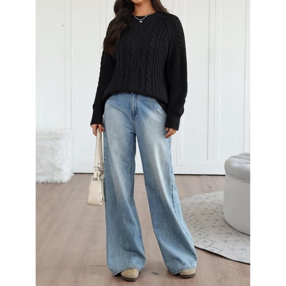 Women's Oversized Cable Knit Cotton Pullover Sweater Fall Casual Classic - Picture 6 of 6